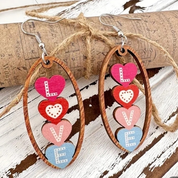 Boutique Jewelry - Valentine Love Oval Shape Wood Earrings- NWT